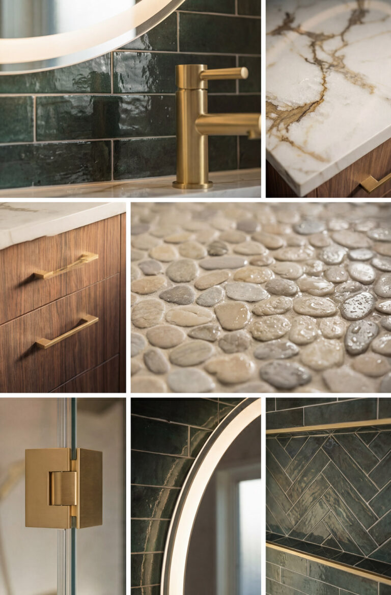 Palo Alto bathroom remodel detail collage showing a brushed brass faucet on deep green glazed tile, the Calacatta countertop edge with gold veins, walnut drawers with brass bar pulls, a wet pebble mosaic floor, a brass shower hinge, a round LED mirror, and the herringbone shampoo niche trimmed in brass Schluter profile.