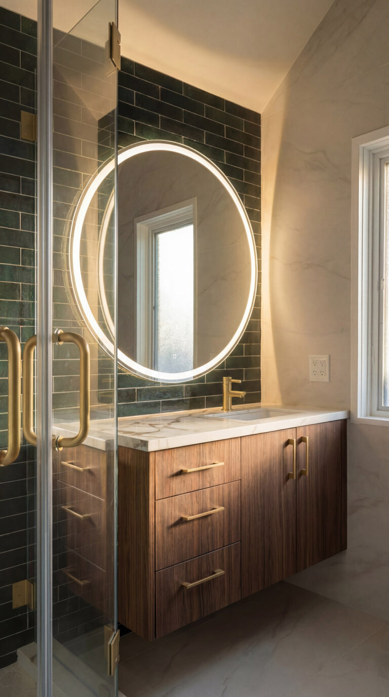 Palo Alto bathroom remodel round backlit LED mirror glowing against the deep green tile, reflecting the frosted window, above a walnut floating vanity with brass pulls and a Calacatta-look countertop.