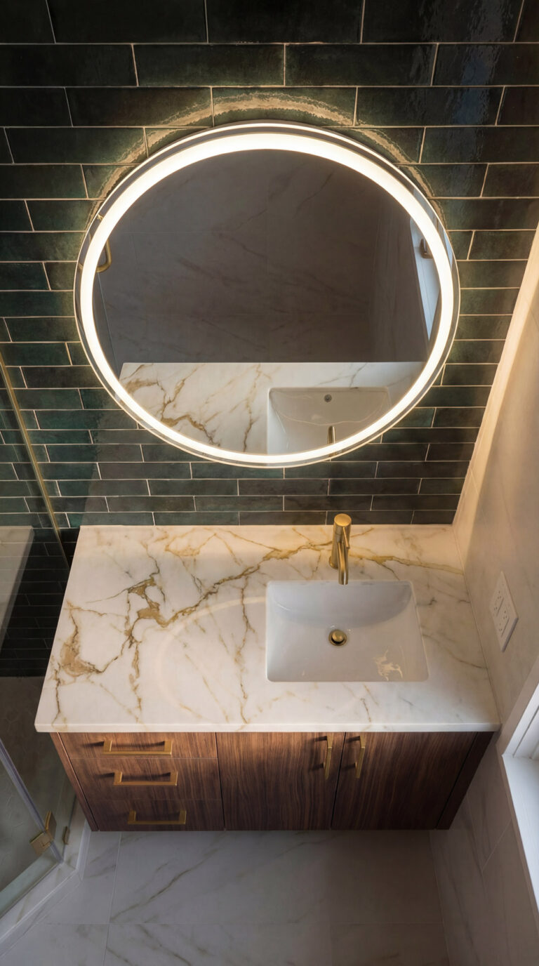Palo Alto bathroom remodel vanity from a high angle, showing the amber and gold veins running through the Calacatta-look countertop, a rectangular undermount basin, a brass faucet, and the illuminated round mirror above.