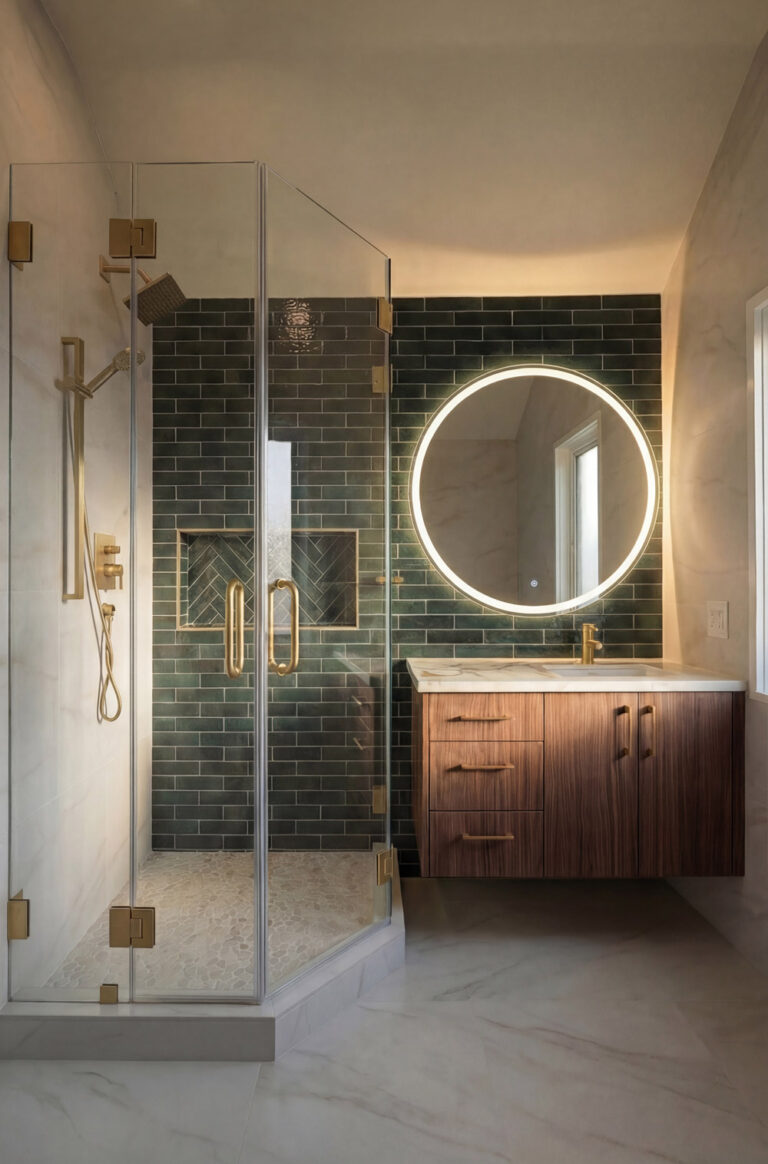 Palo Alto bathroom remodel full view under the vaulted ceiling, with the brass-fitted corner shower and its herringbone shampoo niche at left and the walnut vanity beneath a round LED mirror at right, over marble-look floor tile.