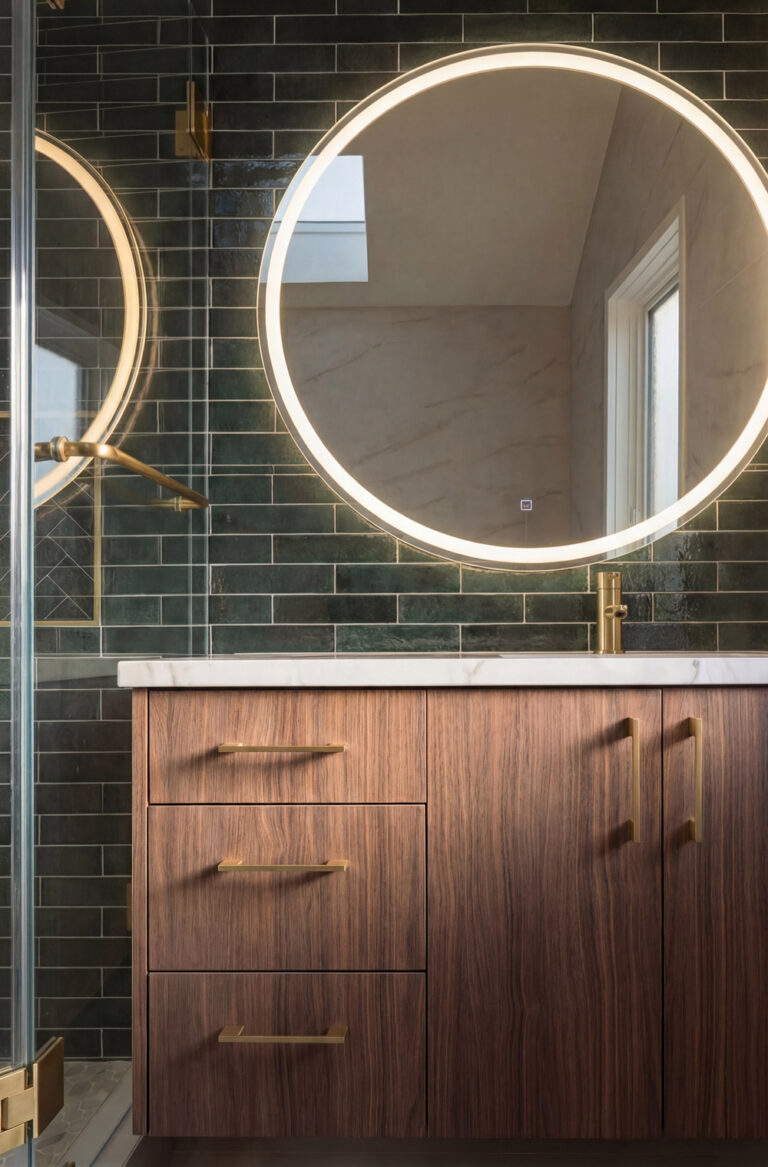 Palo Alto bathroom remodel vanity in warm evening light, the round LED mirror reflecting the sloped ceiling and window, with a brass wall sconce and the shower glass edge framing the green tile.