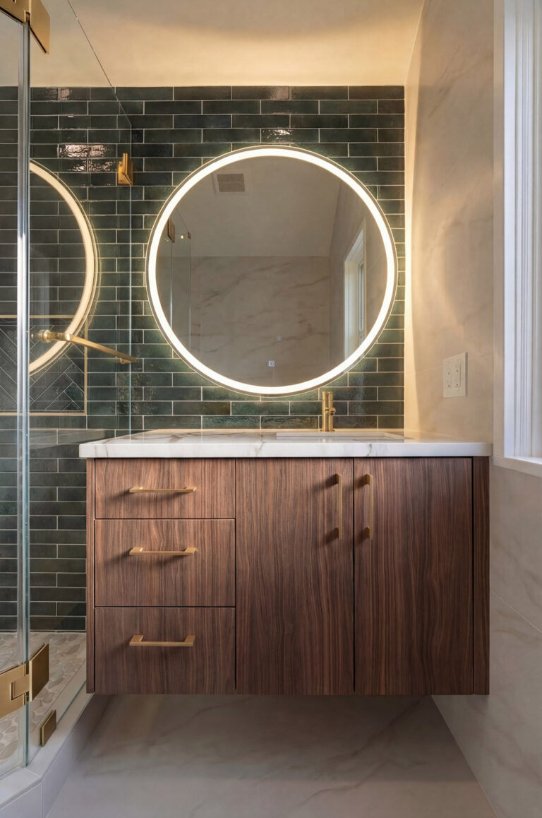 Palo Alto bathroom remodel vanity photographed square on, with the walnut cabinet and brass bar pulls centered beneath the circular lit mirror on its green tile panel, and marble-look porcelain wrapping the right-hand wall.