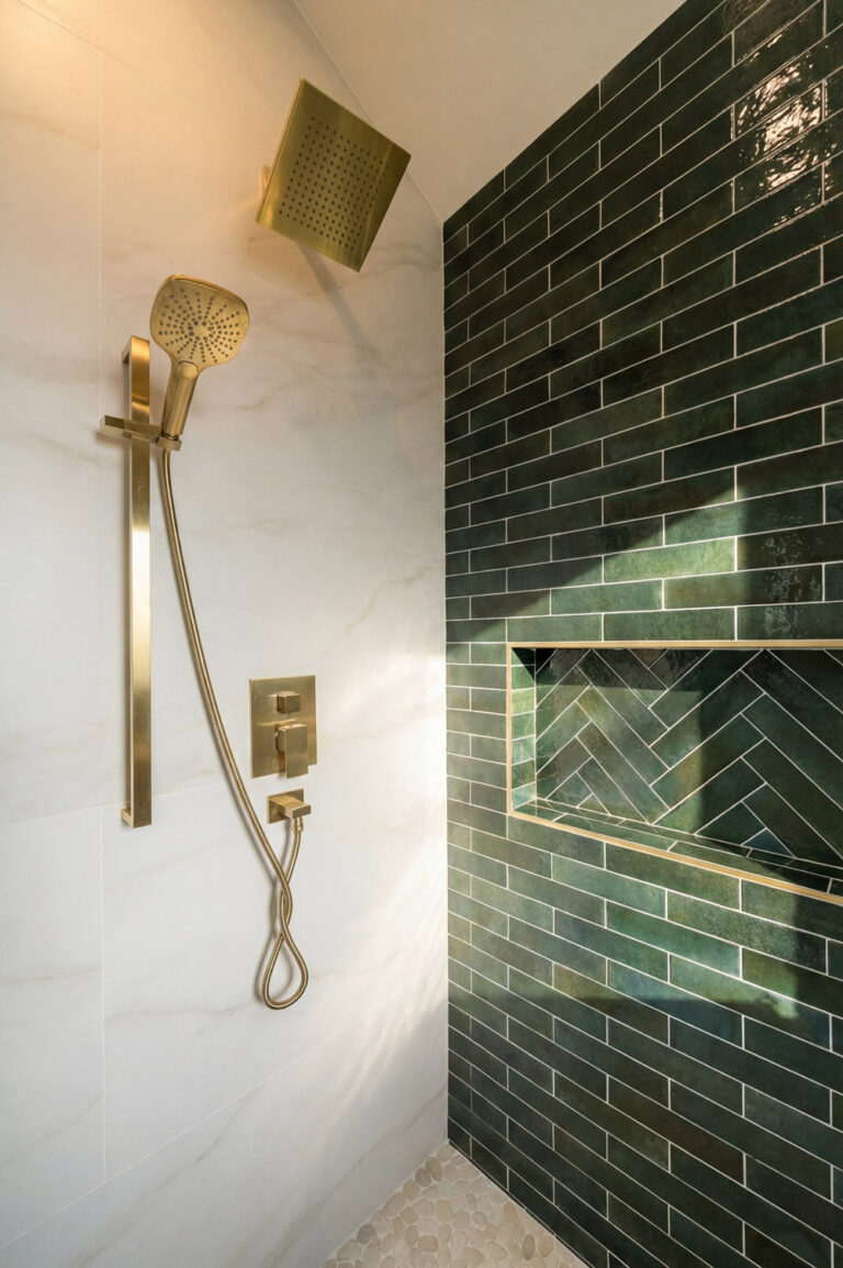 Palo Alto bathroom remodel shower controls with a square brass rain head, a handheld on a slide bar, and a stacked thermostatic valve and diverter, lit by sunlight falling across the green herringbone shampoo niche.