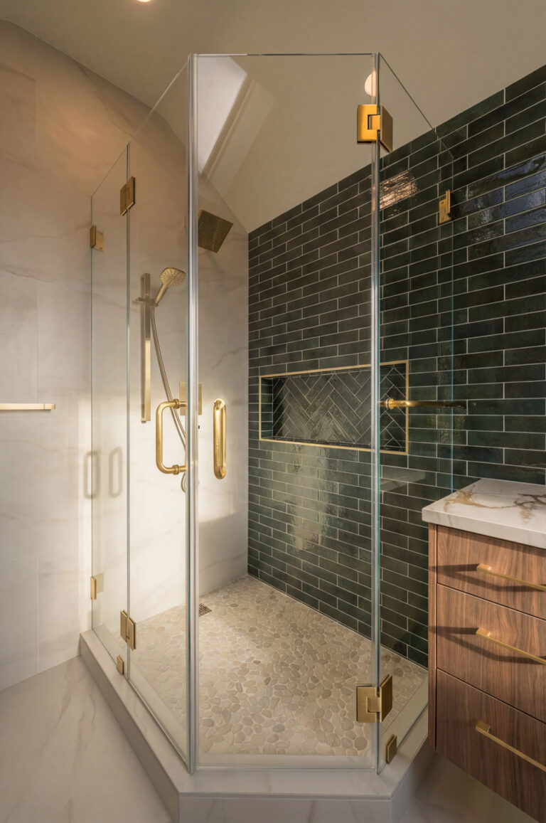 Palo Alto bathroom remodel neo-angle corner shower photographed straight on, its brass hinges and paired handles set against green tile with a herringbone shampoo niche outlined in brass Schluter profile, a pebble floor, and the walnut vanity at right.