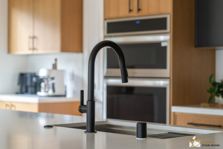 Redwood City home remodel detail of the matte black pull-down faucet at the island's stainless undermount sink, with the oak cabinetry, coffee station and stainless double ovens softly blurred behind.