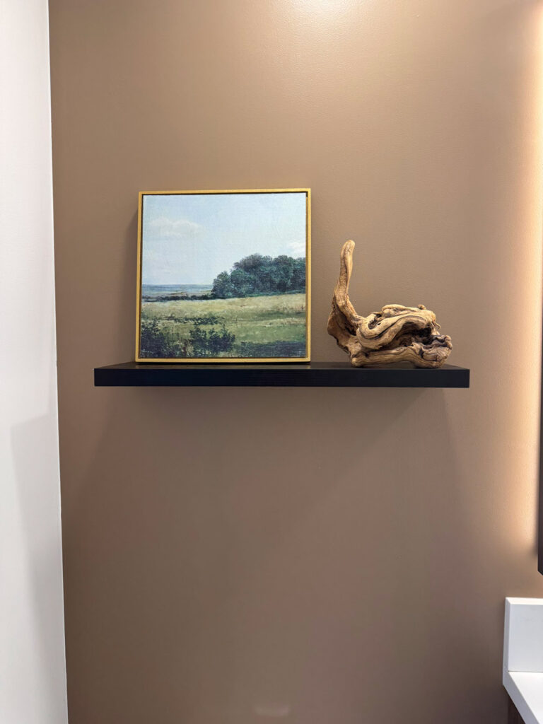 Redwood City home remodel bathroom shelf detail, a slim black floating ledge mounted on the mocha wall.