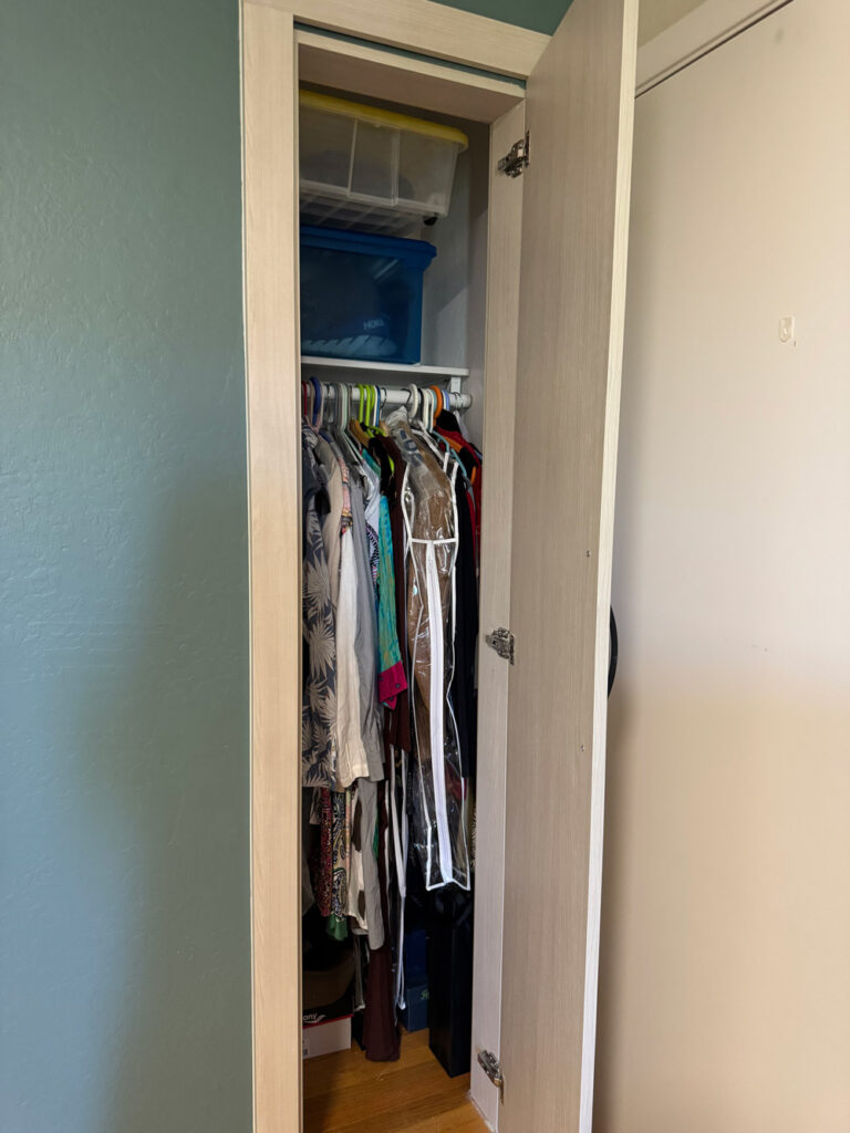 San Jose remodel wardrobe standing open to show the hanging rail and upper storage shelf, its pale oak door contrasting with the teal bedroom wall.